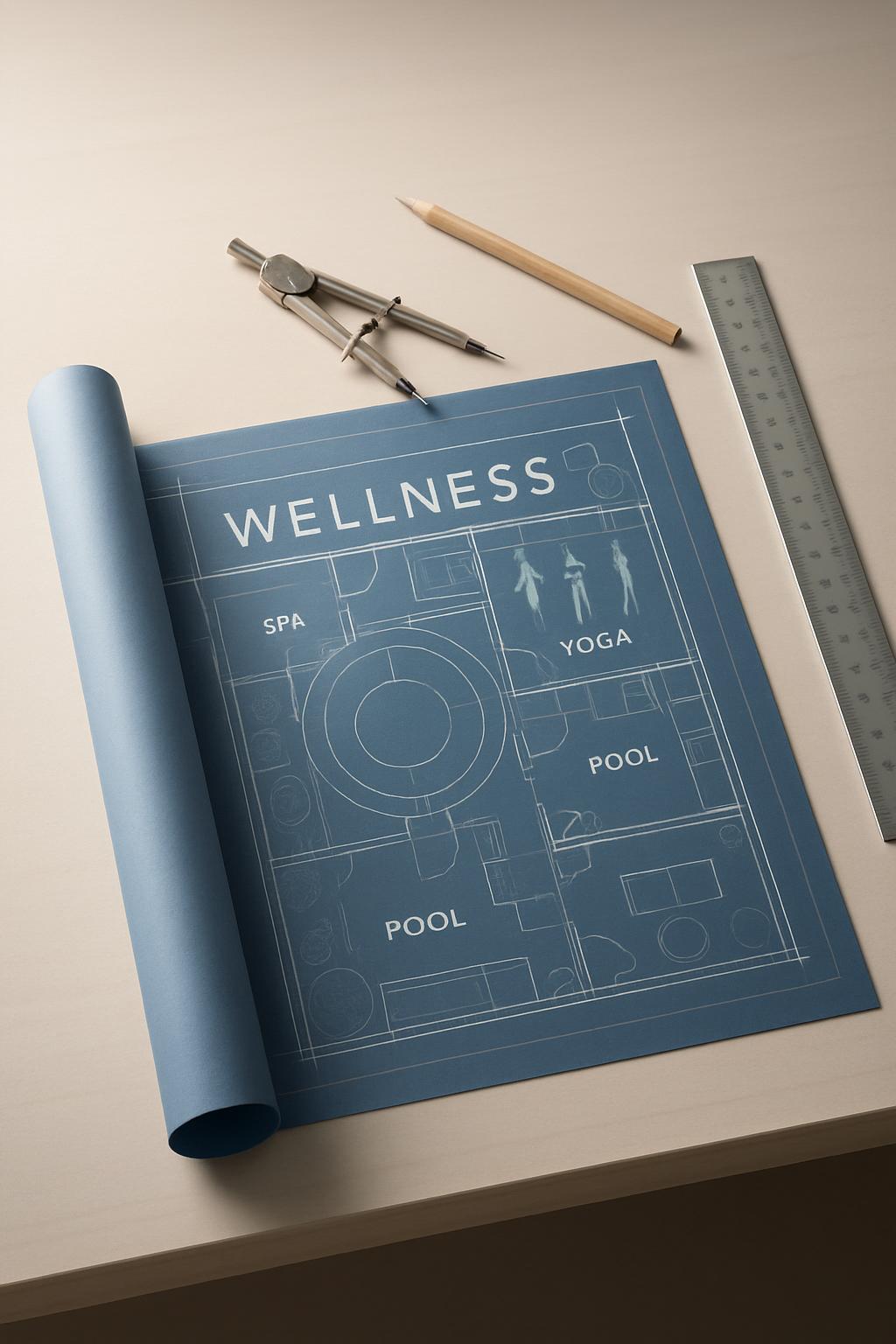 Blueprint drawn on blue paper under blue-gray construction paper with a ruler, pens, and a pencil.