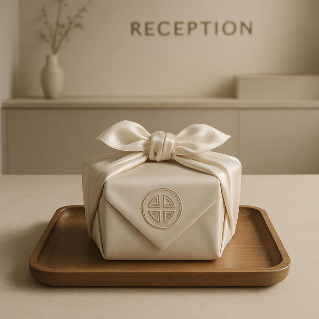A gift box neatly wrapped with a cream-colored satin ribbon and a subtle circular logo featuring an embedded design in a s...