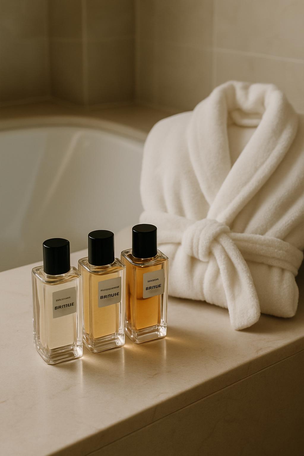 The image depicts three bottles of perfume on a bathroom counter, alongside a rolled-up robe. * There are three bottles of...