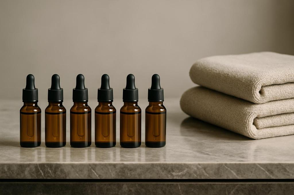 Five small brown bottles with droppers lined up horizontally on a countertop next to a stack of cream towels.